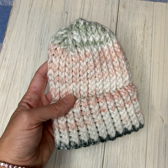 Chunky Hand Knit Preemie/Newborn Green and Pink Beanie Hat - Picture 2 of 3